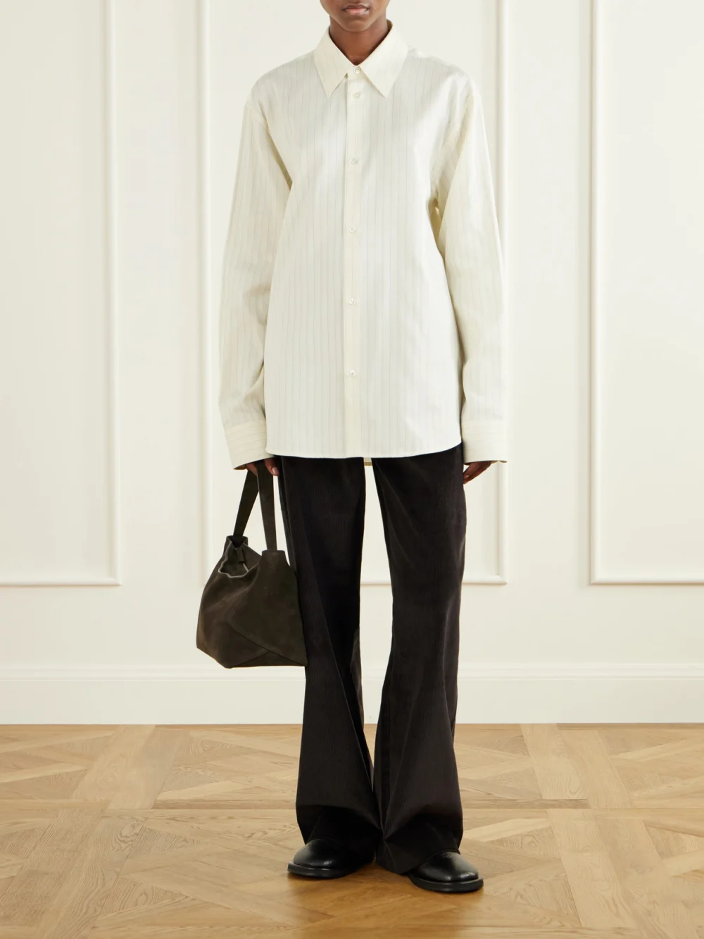 Studio Nicholson View Striped Cotton and Silk-blend Shirt, worn by a model