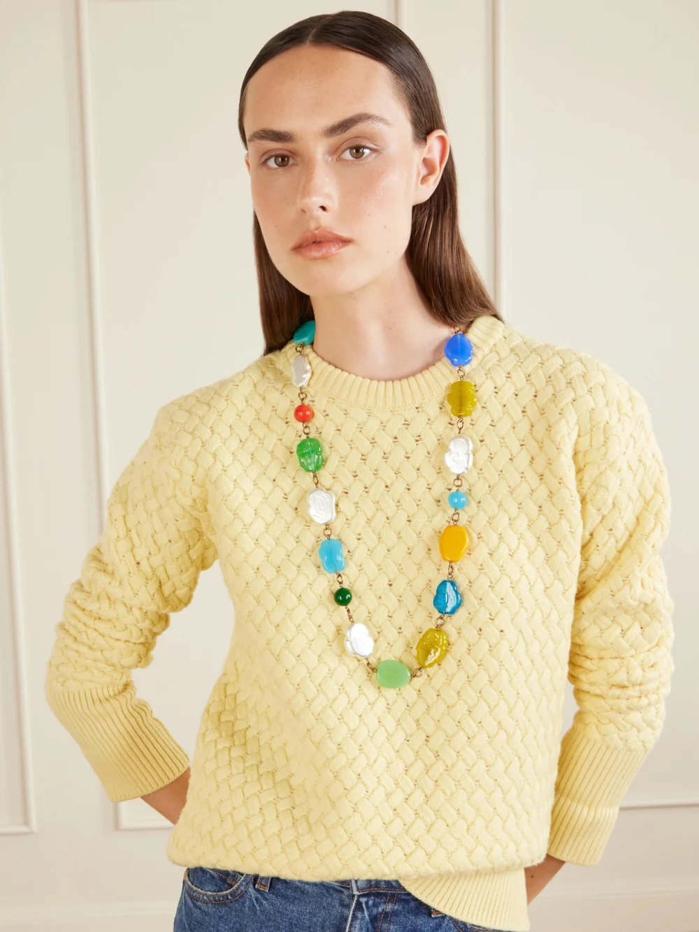 Susan Caplan Vintage + Chanel Vintage 1990s Gold-plated, Gripoix Glass and Pearl-effect Beaded Necklace, styled view