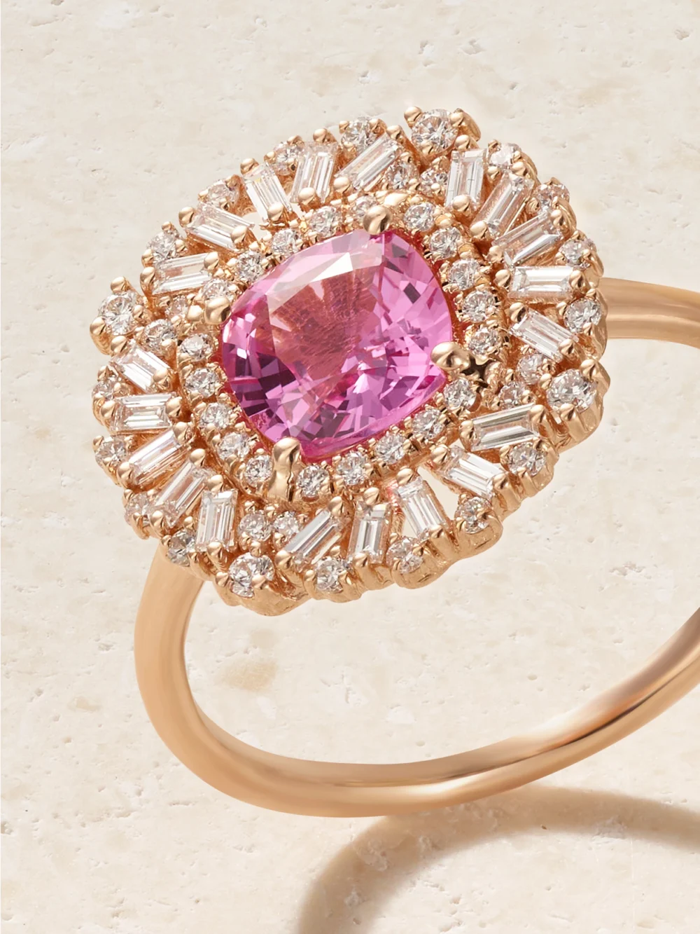 Close-up detail of the Suzanne Kalan 18-karat Rose Gold, Sapphire and Diamond Ring