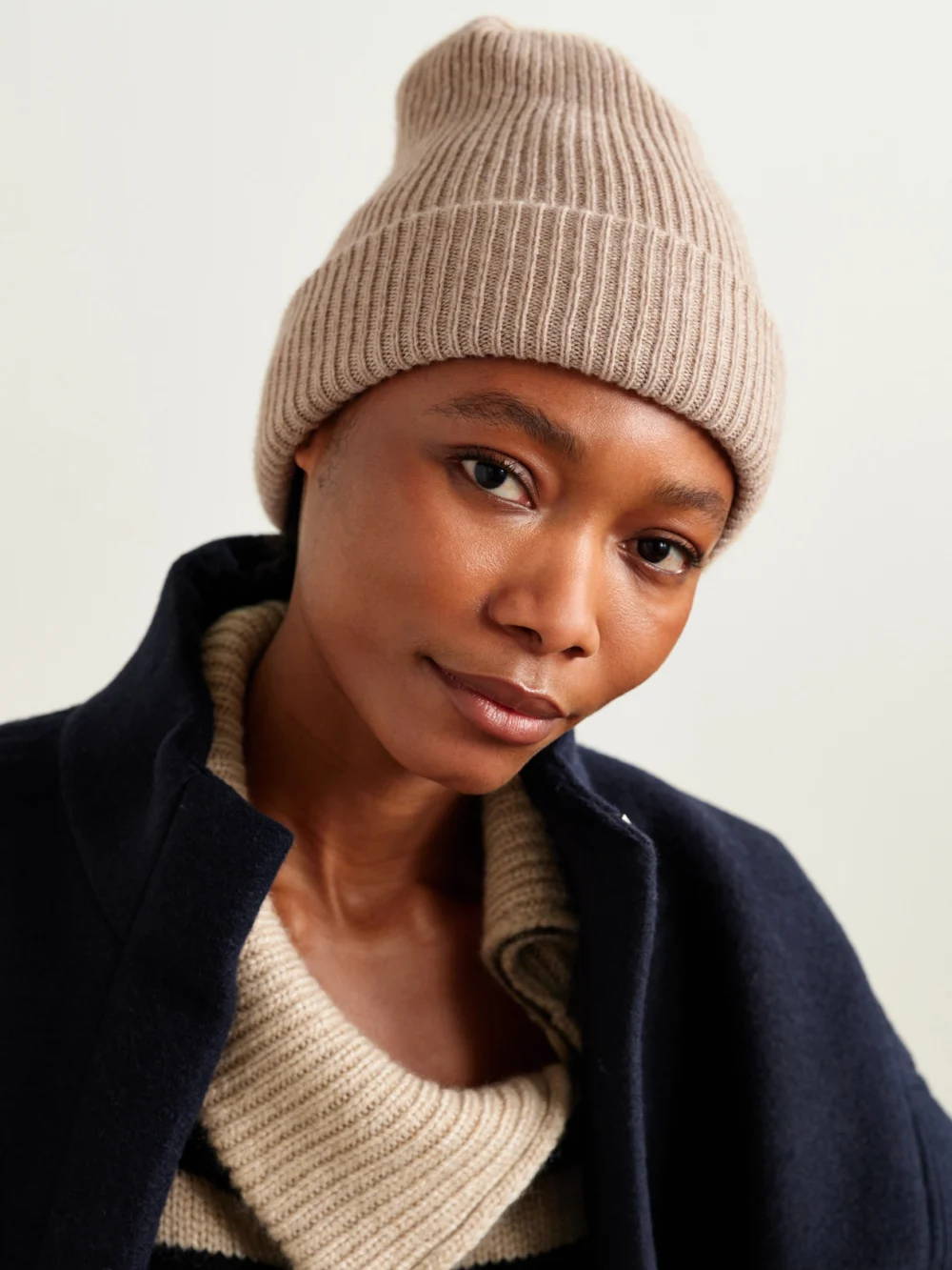 Suzie Kondi Bebe Ribbed Cashmere Beanie, styled view