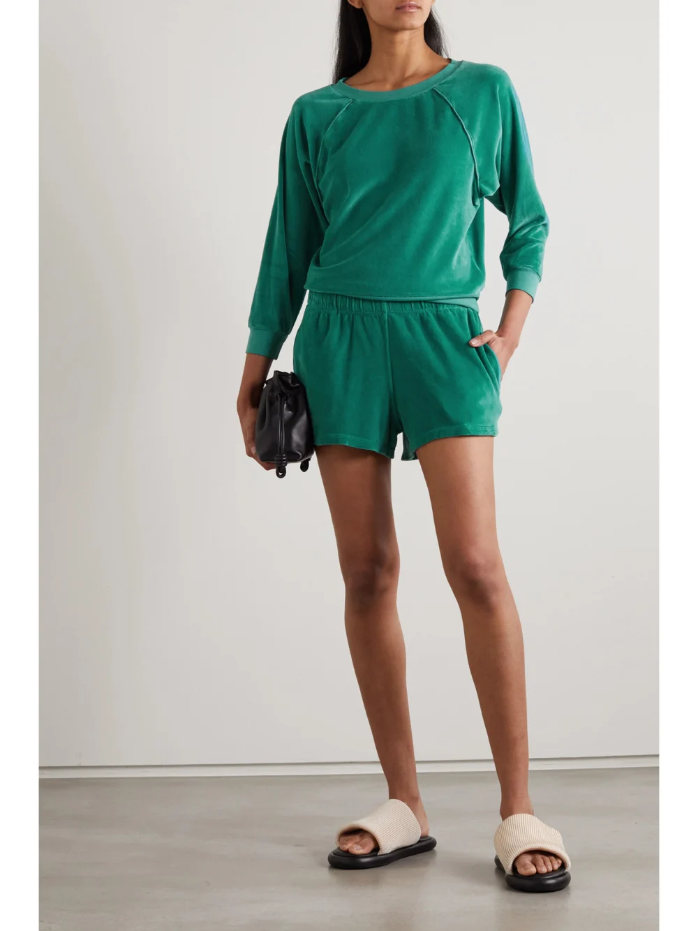 Suzie Kondi Cotton-blend Velour Shorts, worn by a model