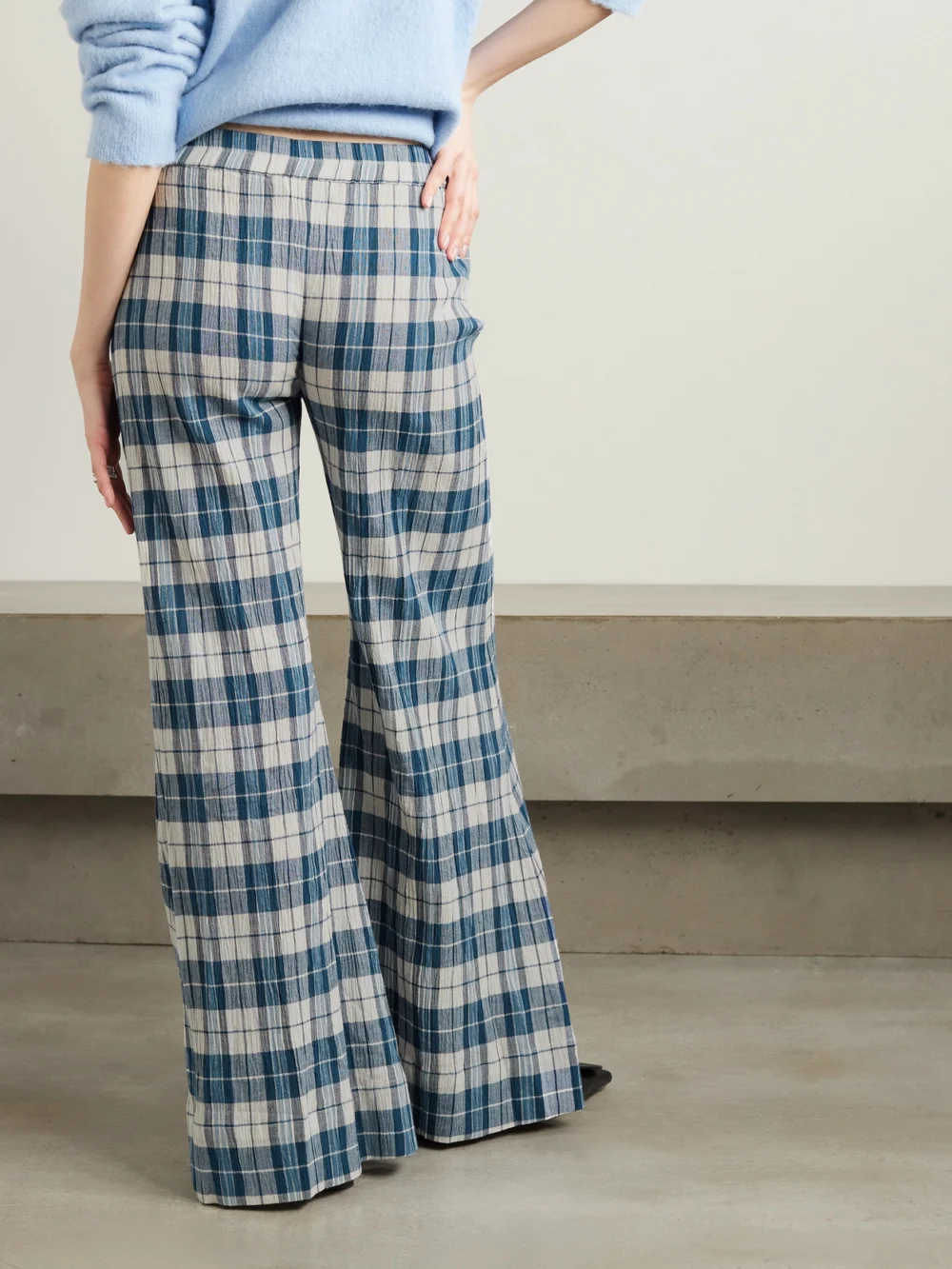 Back view of the Suzie Kondi Elira Checked Cotton-gauze Wide-leg Pants