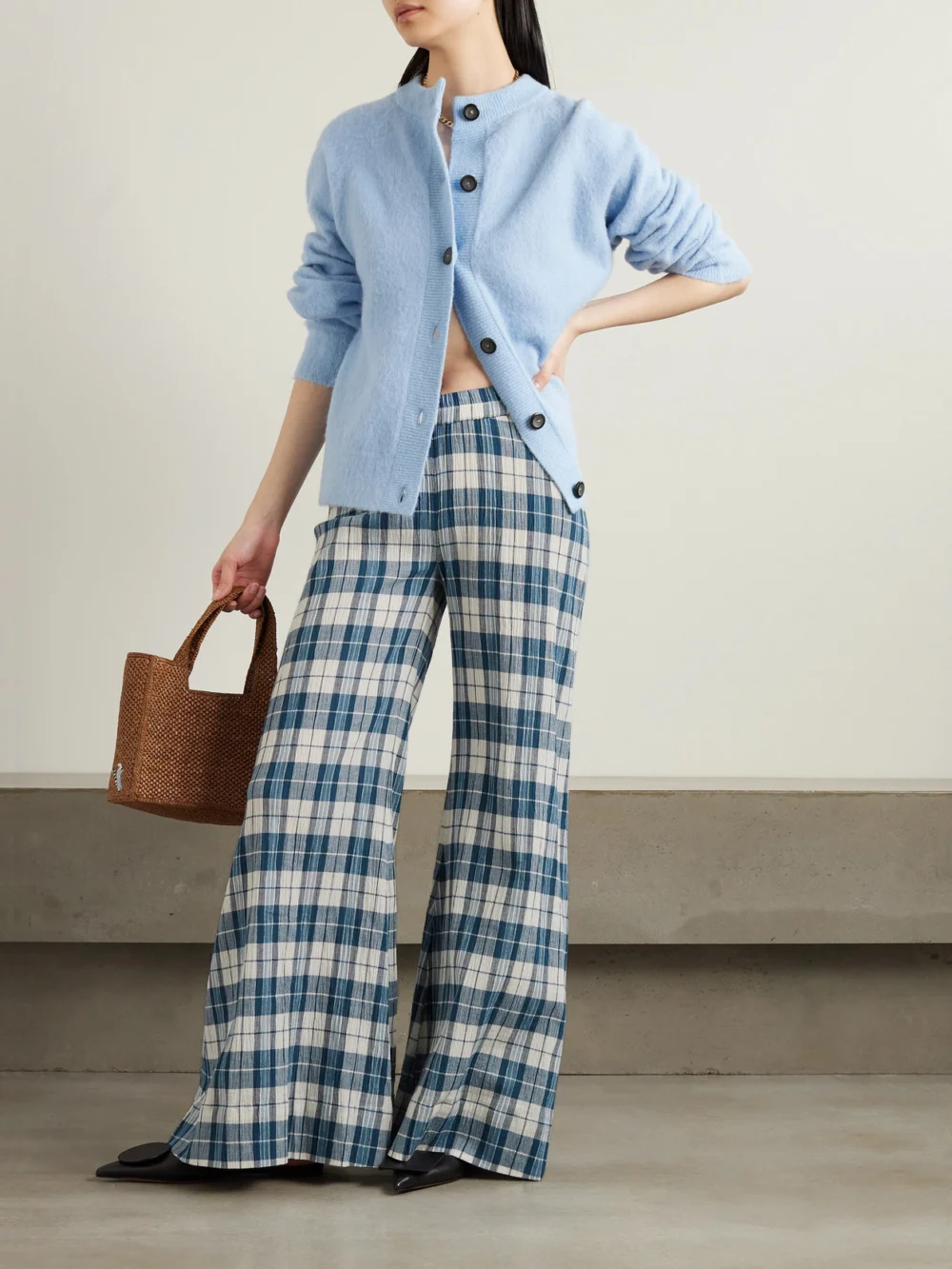 Suzie Kondi Elira Checked Cotton-gauze Wide-leg Pants, worn by a model