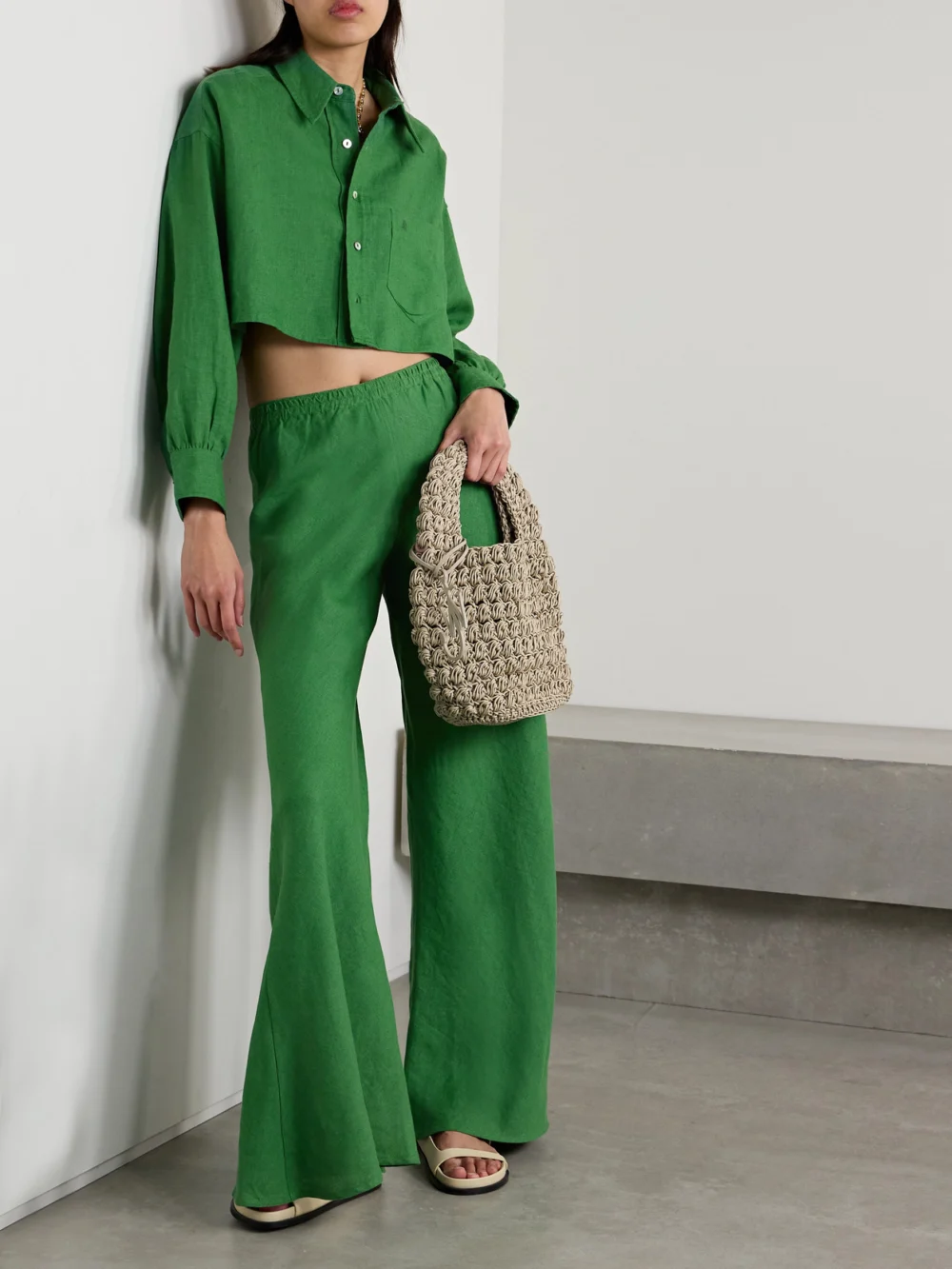 Suzie Kondi Leuka Cropped Linen Shirt, worn by a model