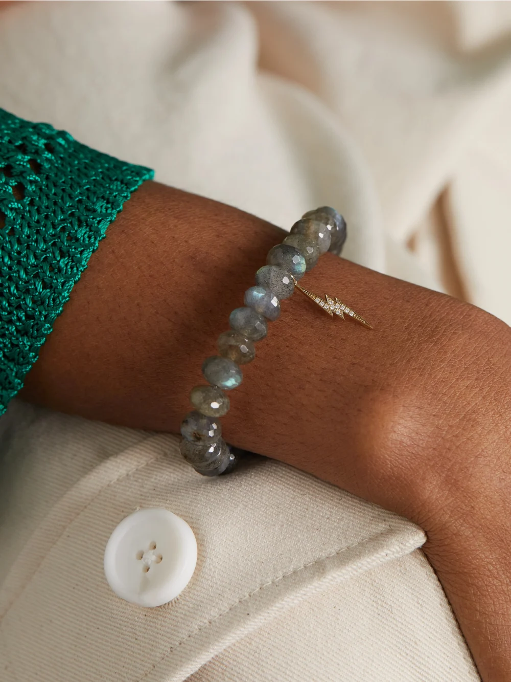 Sydney Evan Lightning Bolt 14-karat Gold, Labradorite and Diamond Bracelet, styled view
