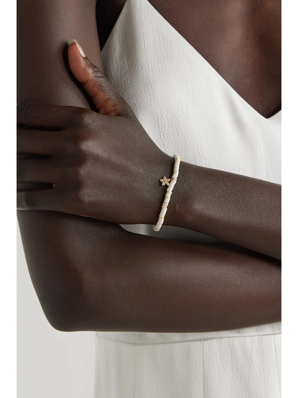 Sydney Evan Small Plumeria 14-karat Gold, Turquoise and Diamond Bracelet, styled view