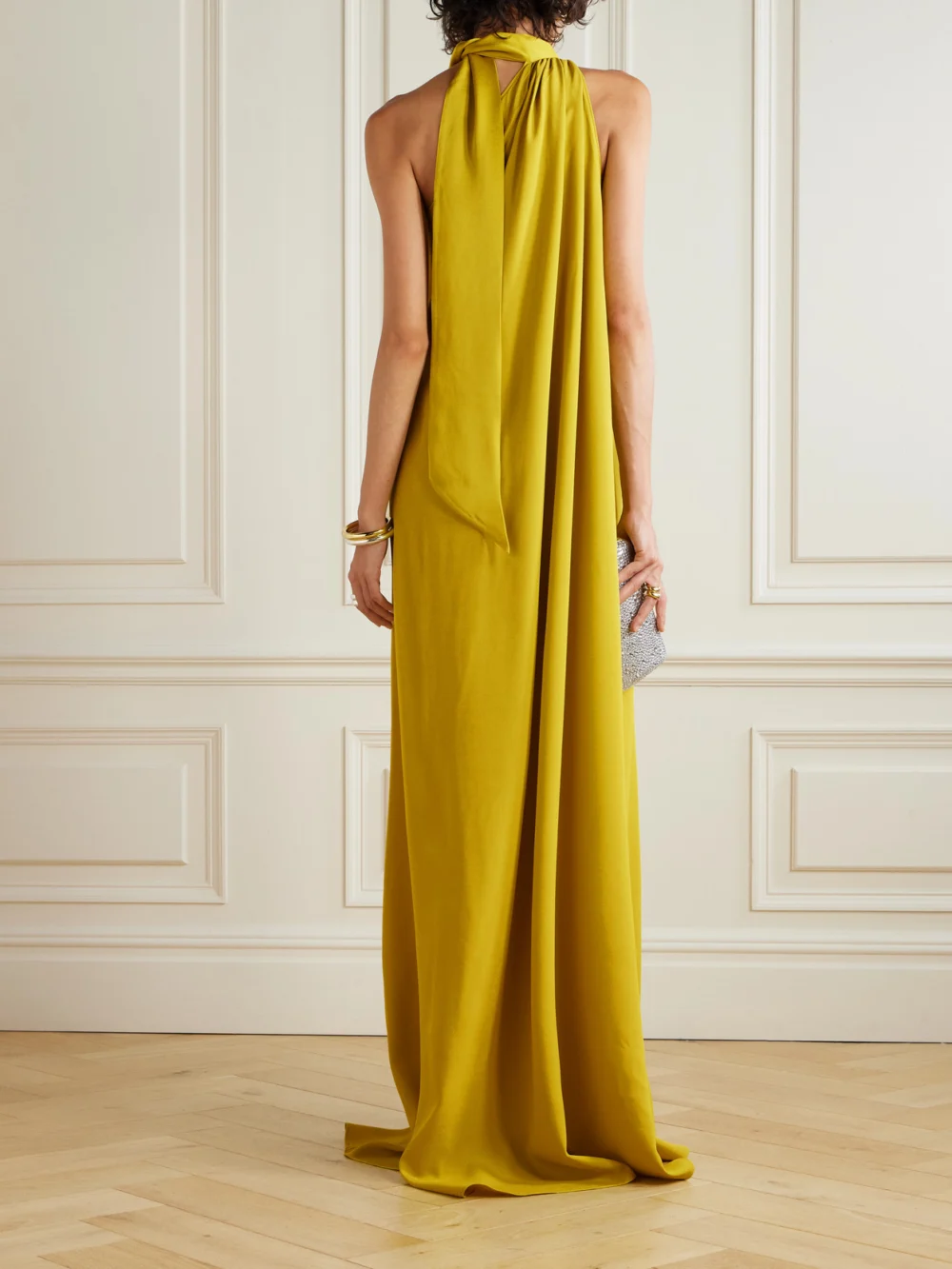 Back view of the Taller Marmo One-shoulder Scarf-detailed Gathered Crepe-cady Gown