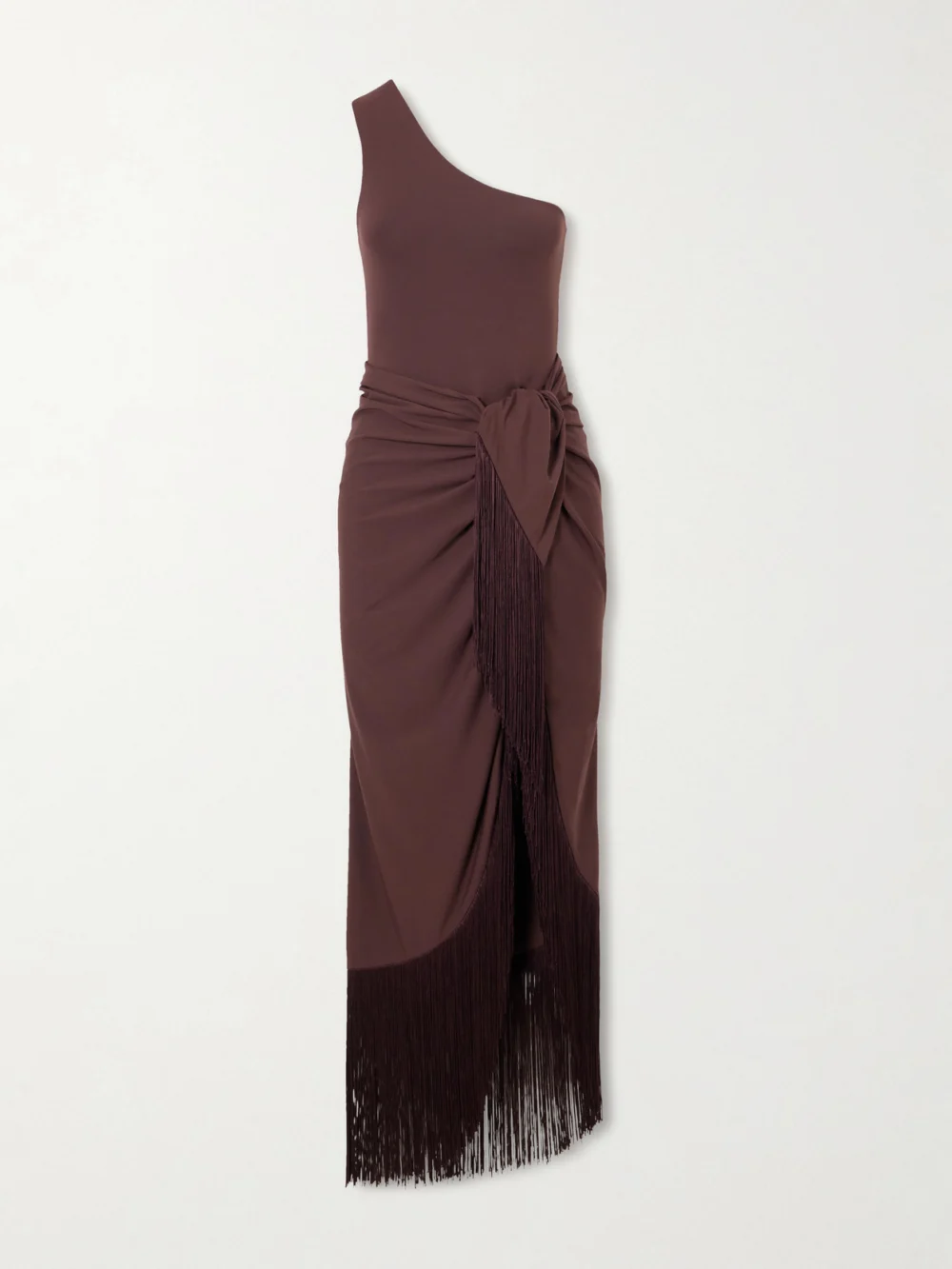 Taller Marmo Rhodes One-shoulder Swimsuit and Fringed Pareo Set in brown
