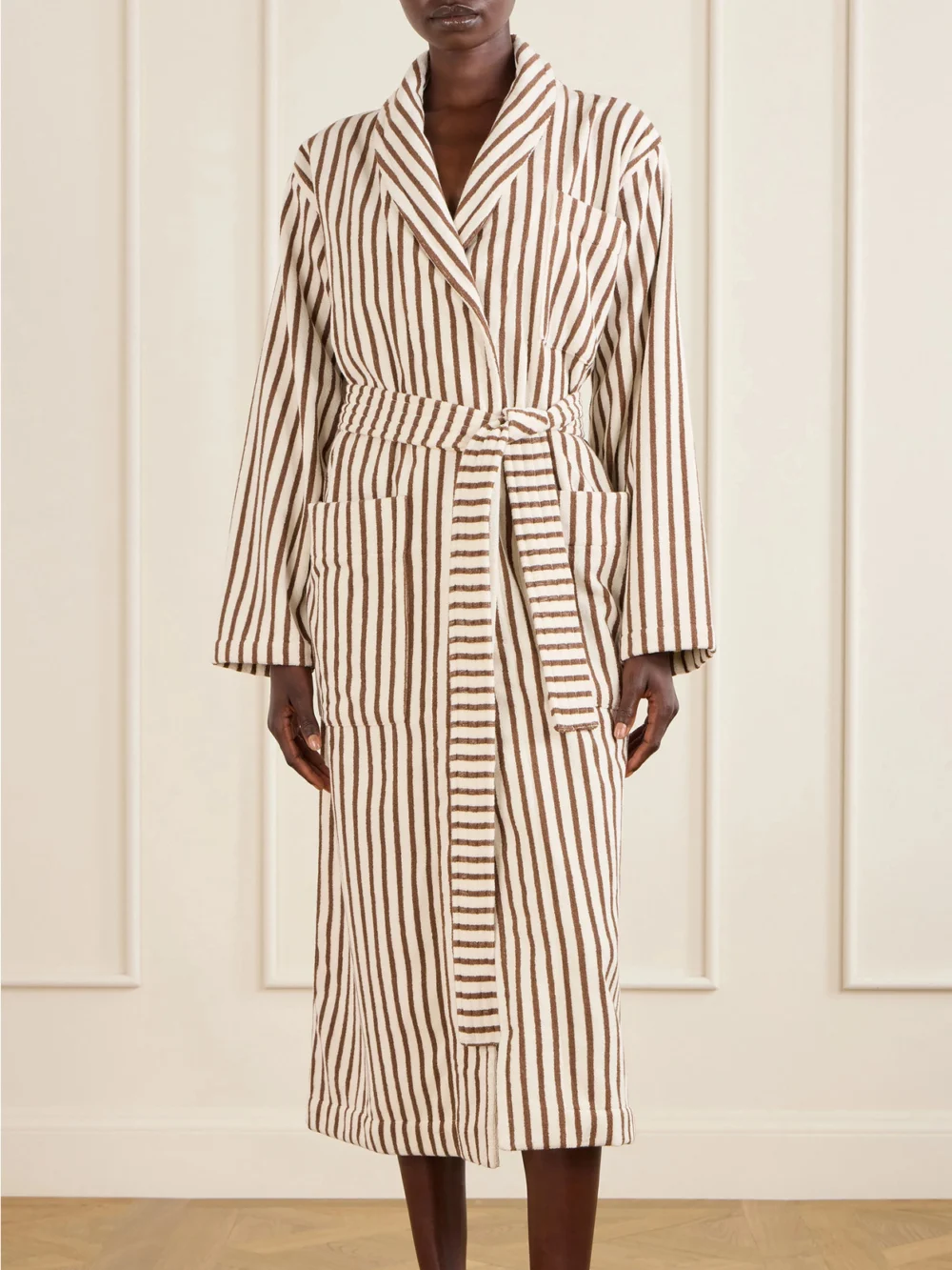 Tekla Belted Striped Organic Cotton-terry Robe, worn by a model