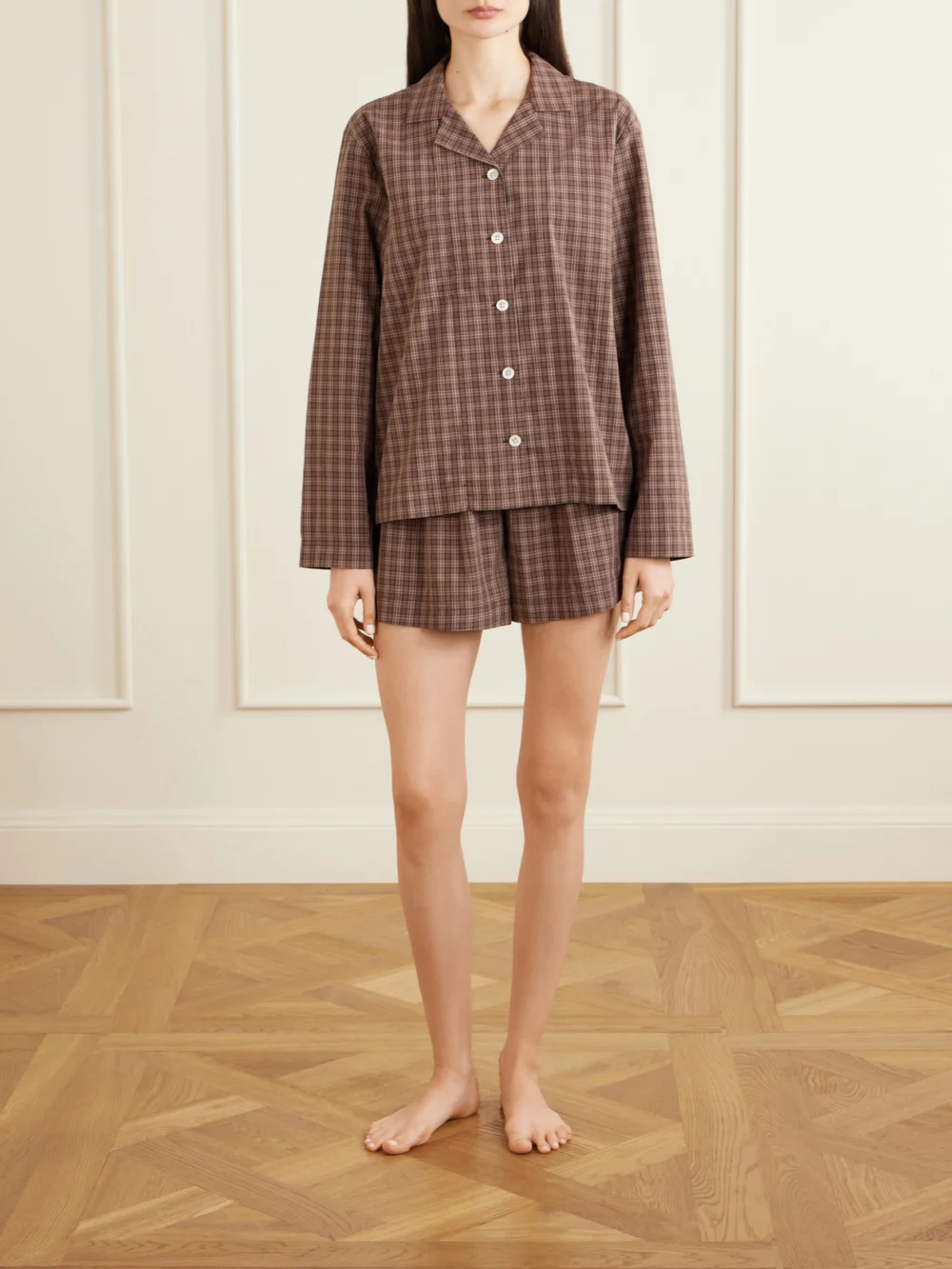 Tekla Checked Organic Cotton Shorts, worn by a model