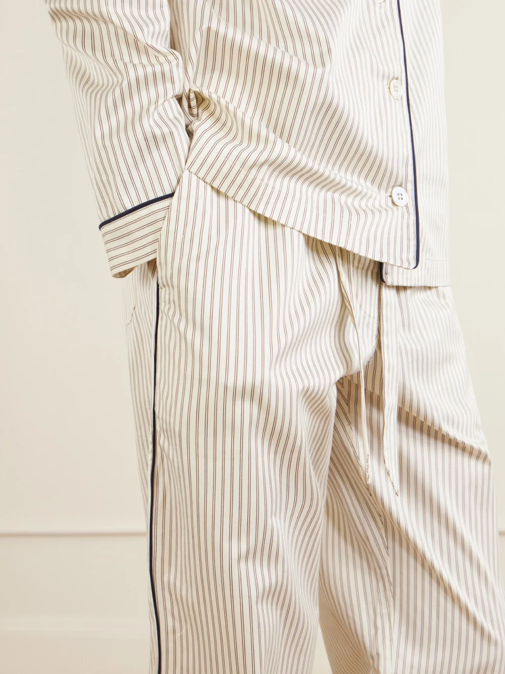 Close-up detail of the Tekla Sateen Striped Organic Cotton-poplin Pajama Pants