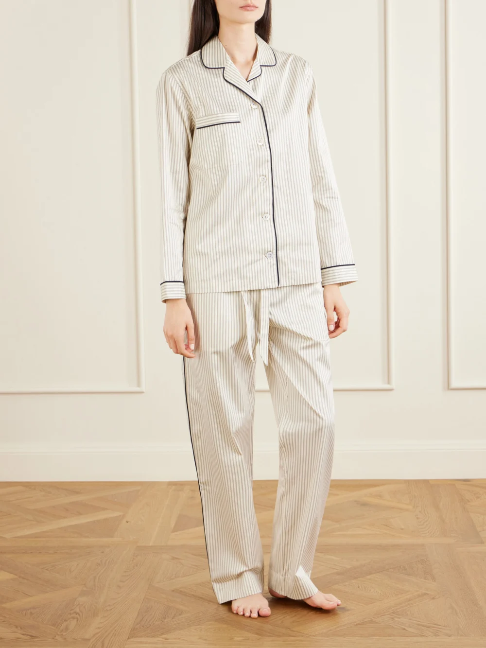 Tekla Sateen Striped Organic Cotton-poplin Pajama Pants, worn by a model