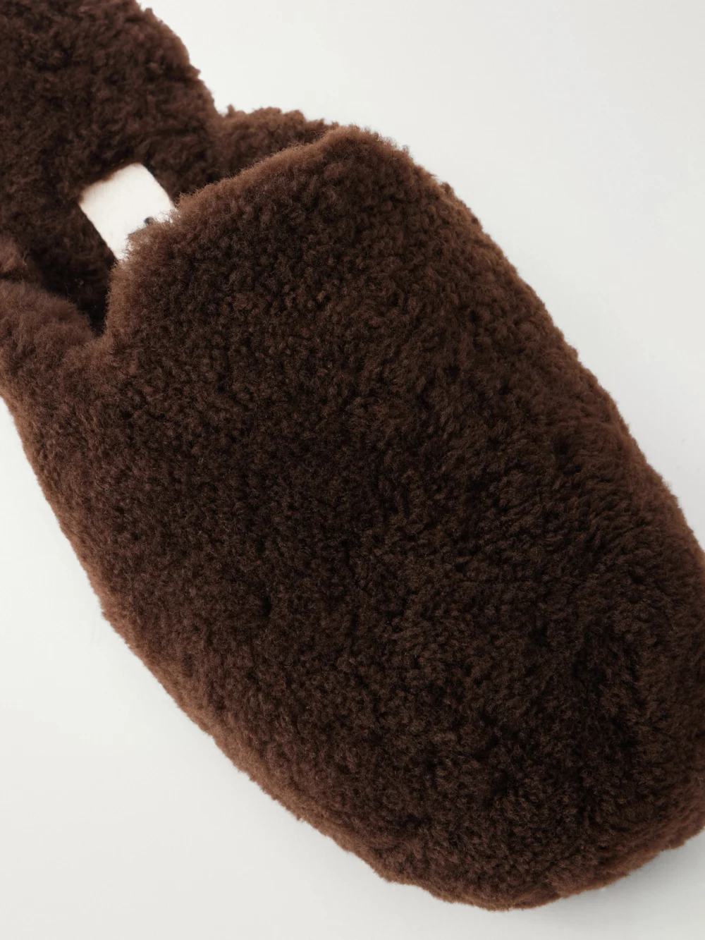Close-up detail of the Tekla Shearling Slippers