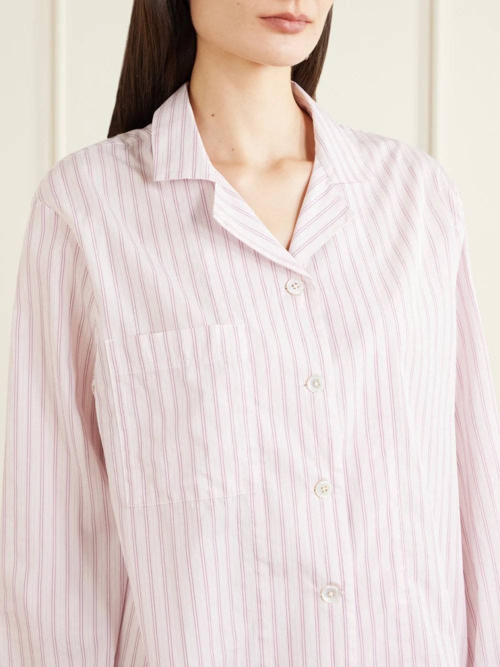 Close-up detail of the Tekla Striped Organic Cotton Shirt