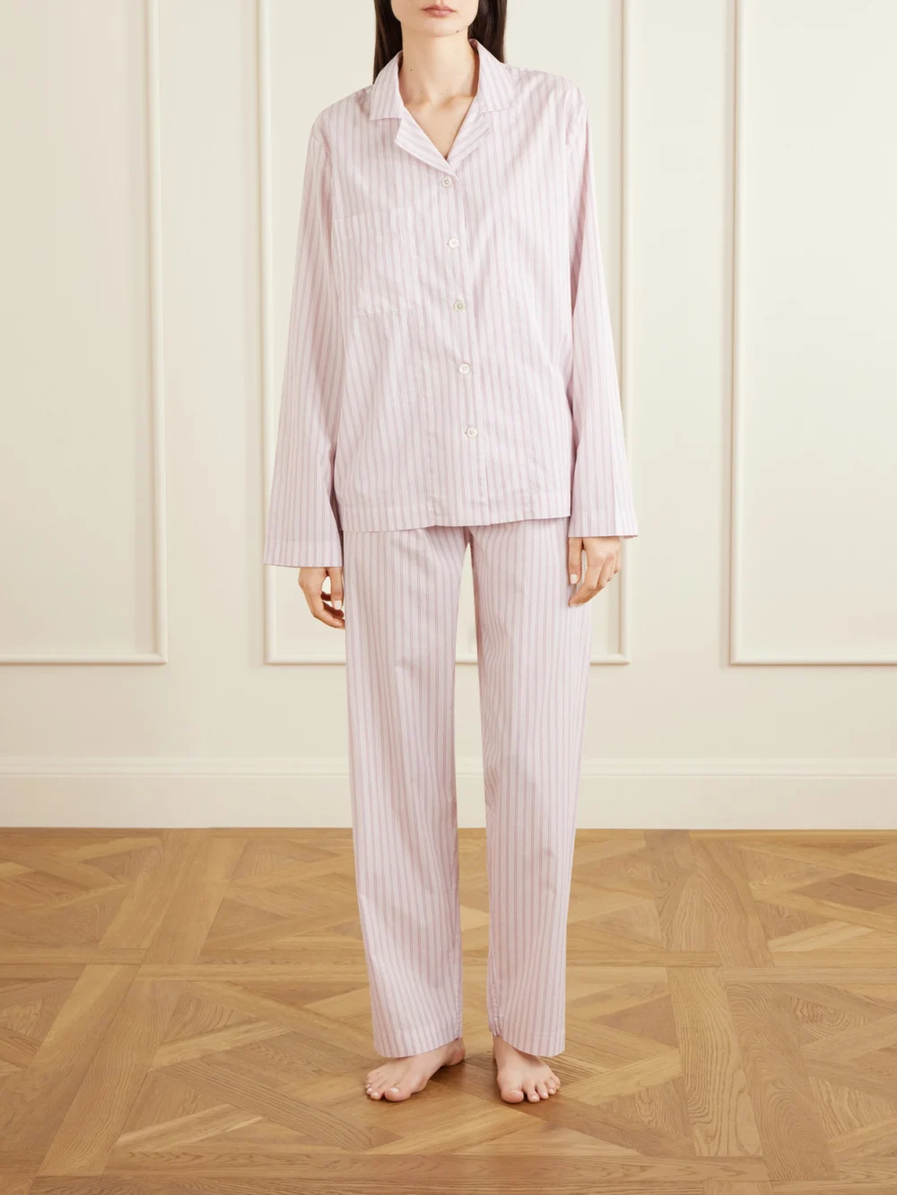 Tekla Striped Organic Cotton Shirt, worn by a model