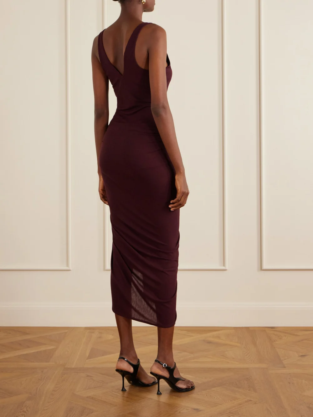 Back view of The Attico Knotted Ribbed Lyocell Midi Dress
