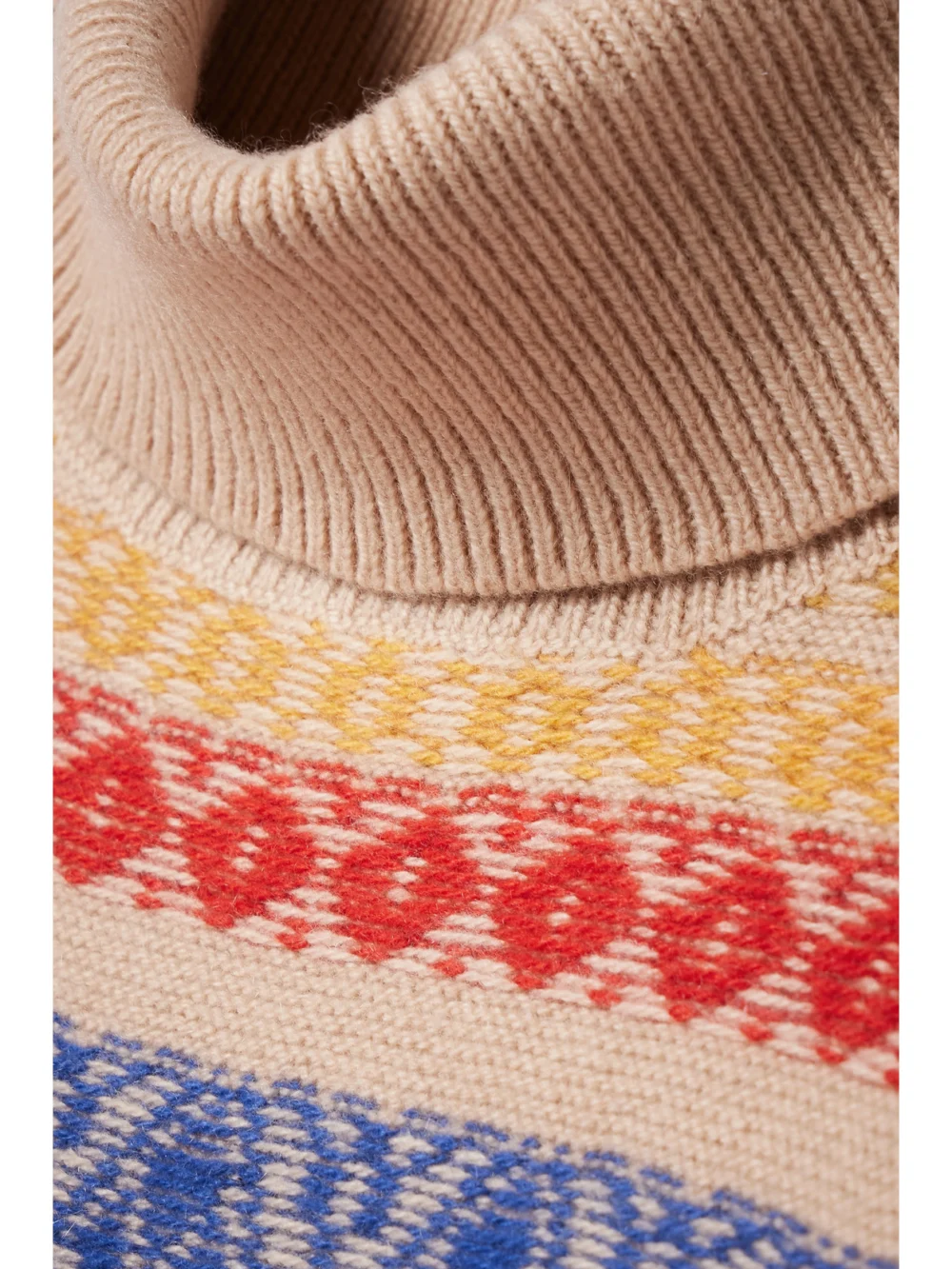Close-up detail of The Elder Statesman Hazy Fair Isle Cashmere Turtleneck Sweater