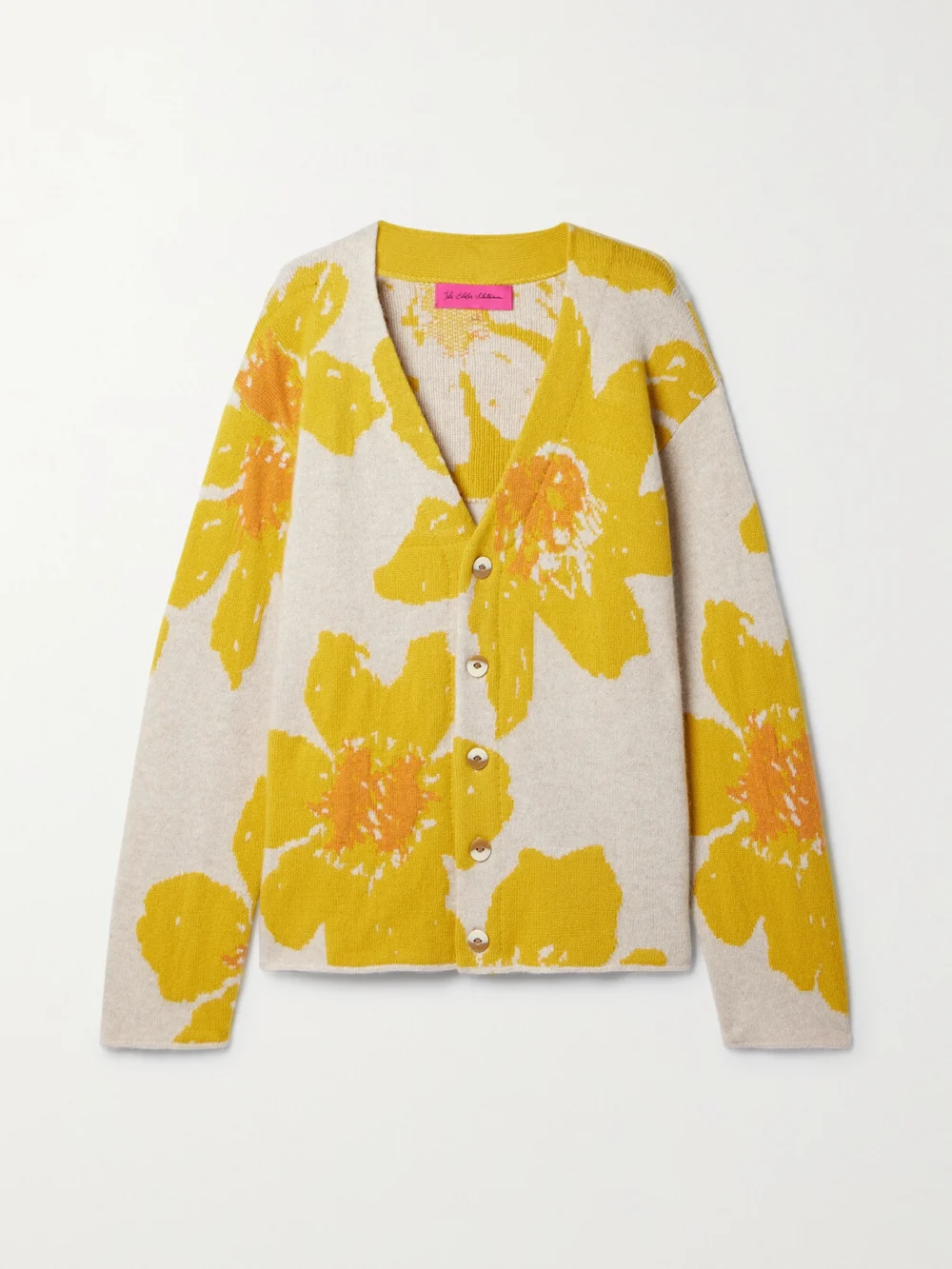 The Elder Statesman Oversized Intarsia Cashmere Cardigan in yellow