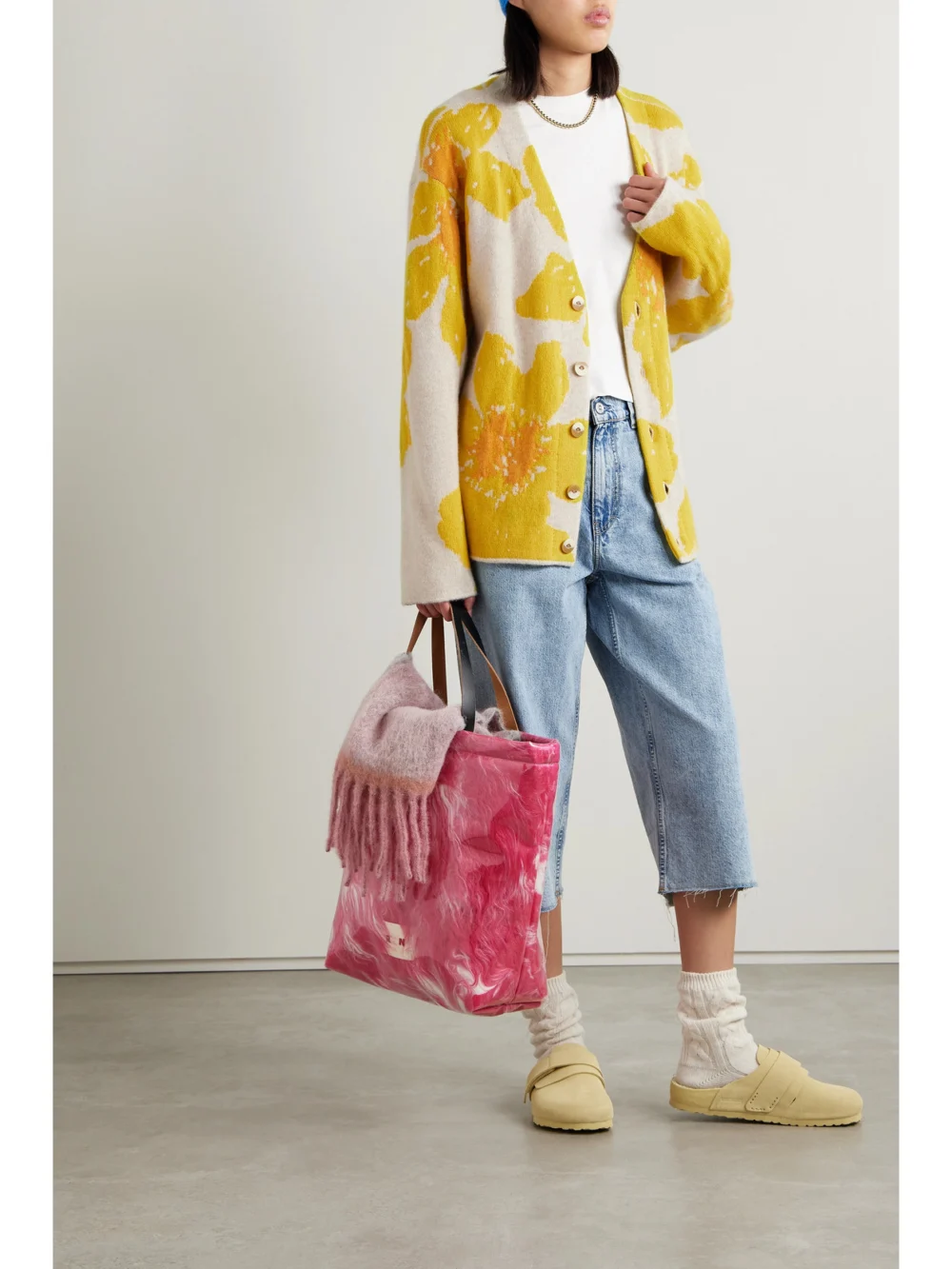 The Elder Statesman Oversized Intarsia Cashmere Cardigan, worn by a model