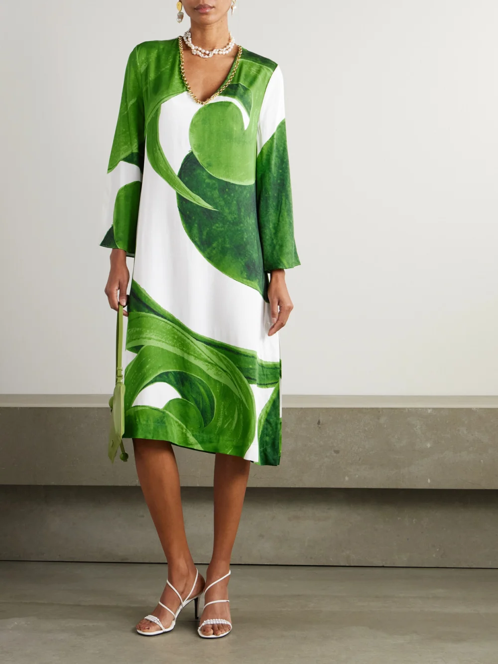 Themis Z Artemis Chain-embellished Printed Jersey Midi Dress, worn by a model