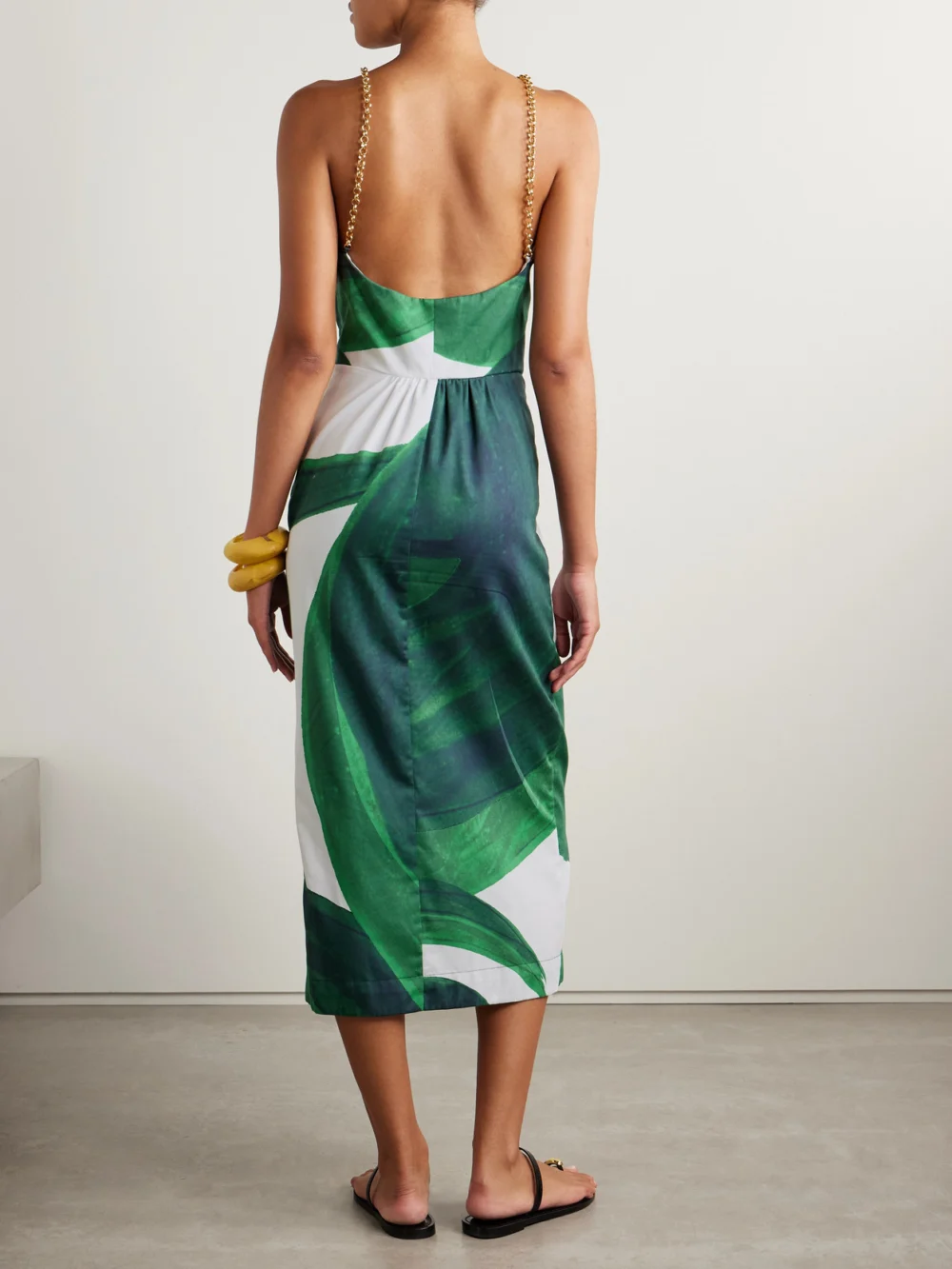 Back view of the Themis Z Artemis Golden Chain-embellished Printed Cotton Midi Dress
