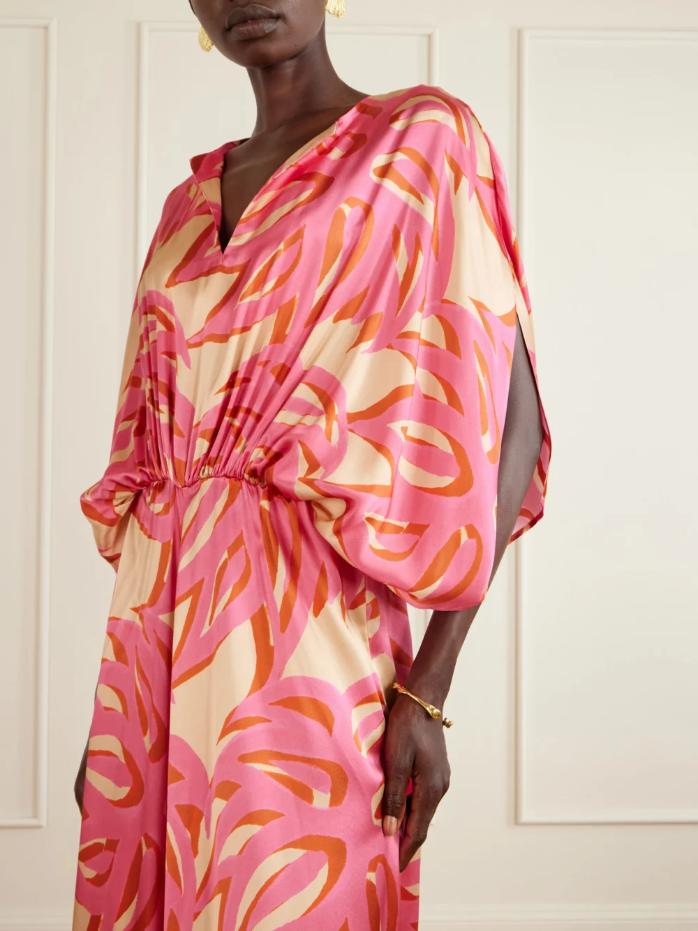 Close-up detail of the Themis Z Ismene Printed Silk-satin Maxi Dress