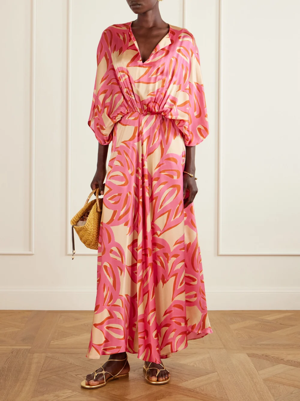 Themis Z Ismene Printed Silk-satin Maxi Dress, worn by a model