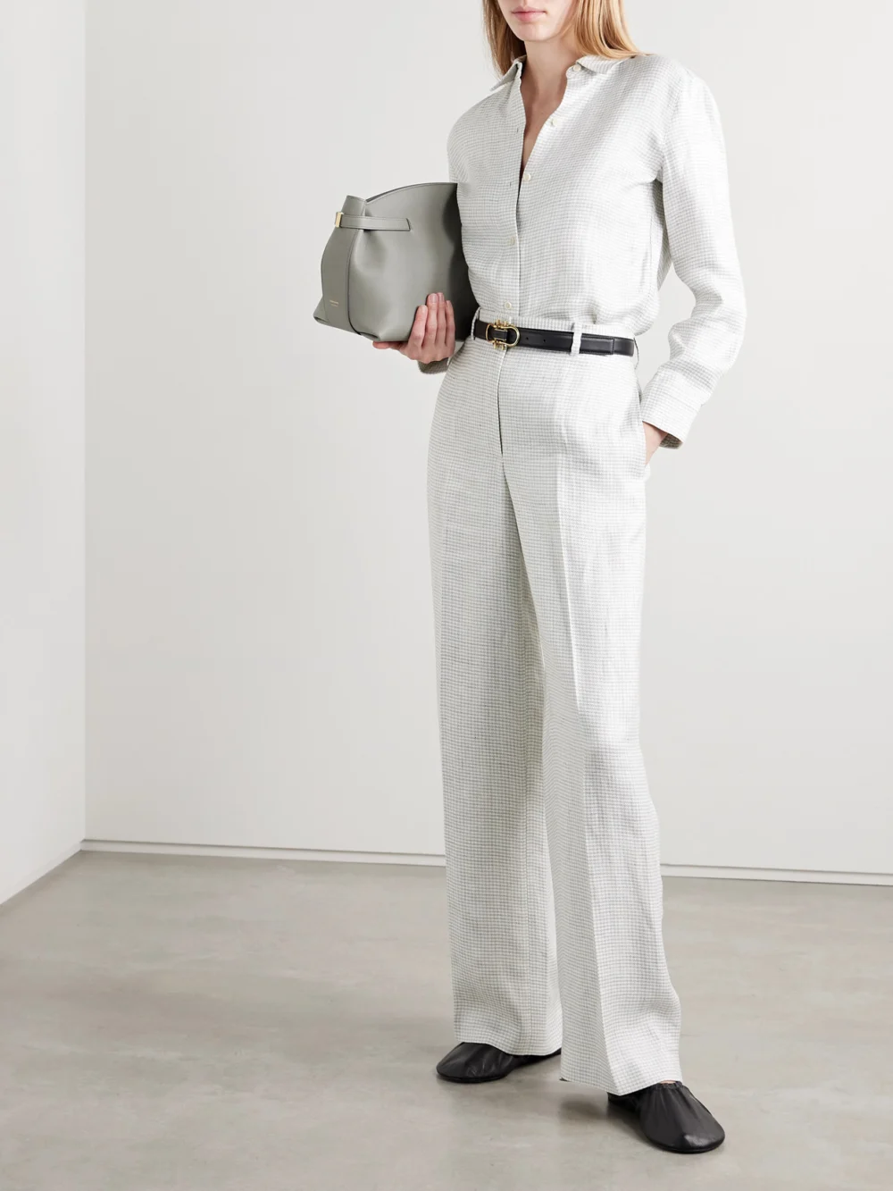 Theory Houndstooth Linen-blend Wide-leg Pants, worn by a model