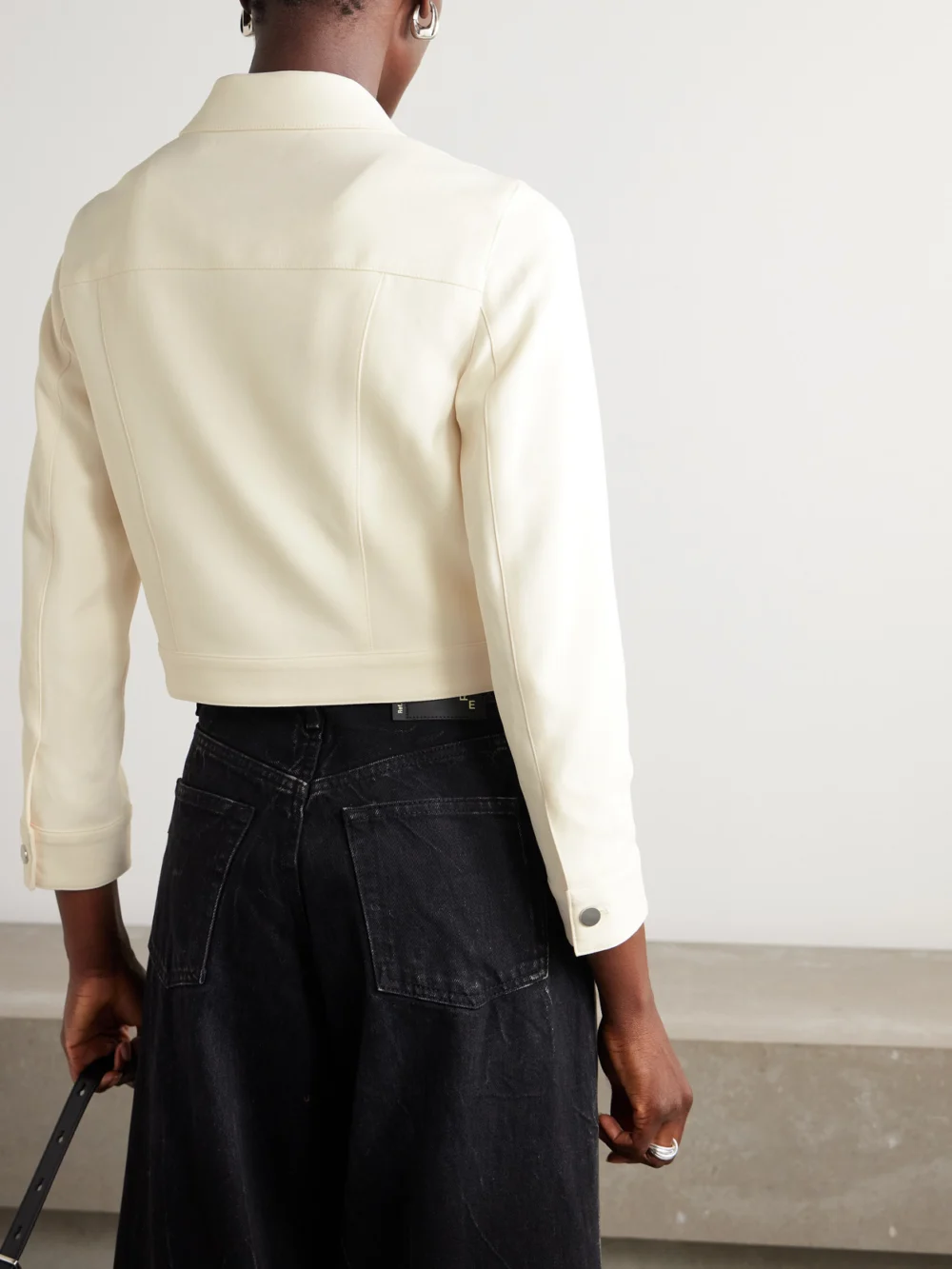 Back view of the Theory Shrunken Trucker Cropped Crepe Jacket