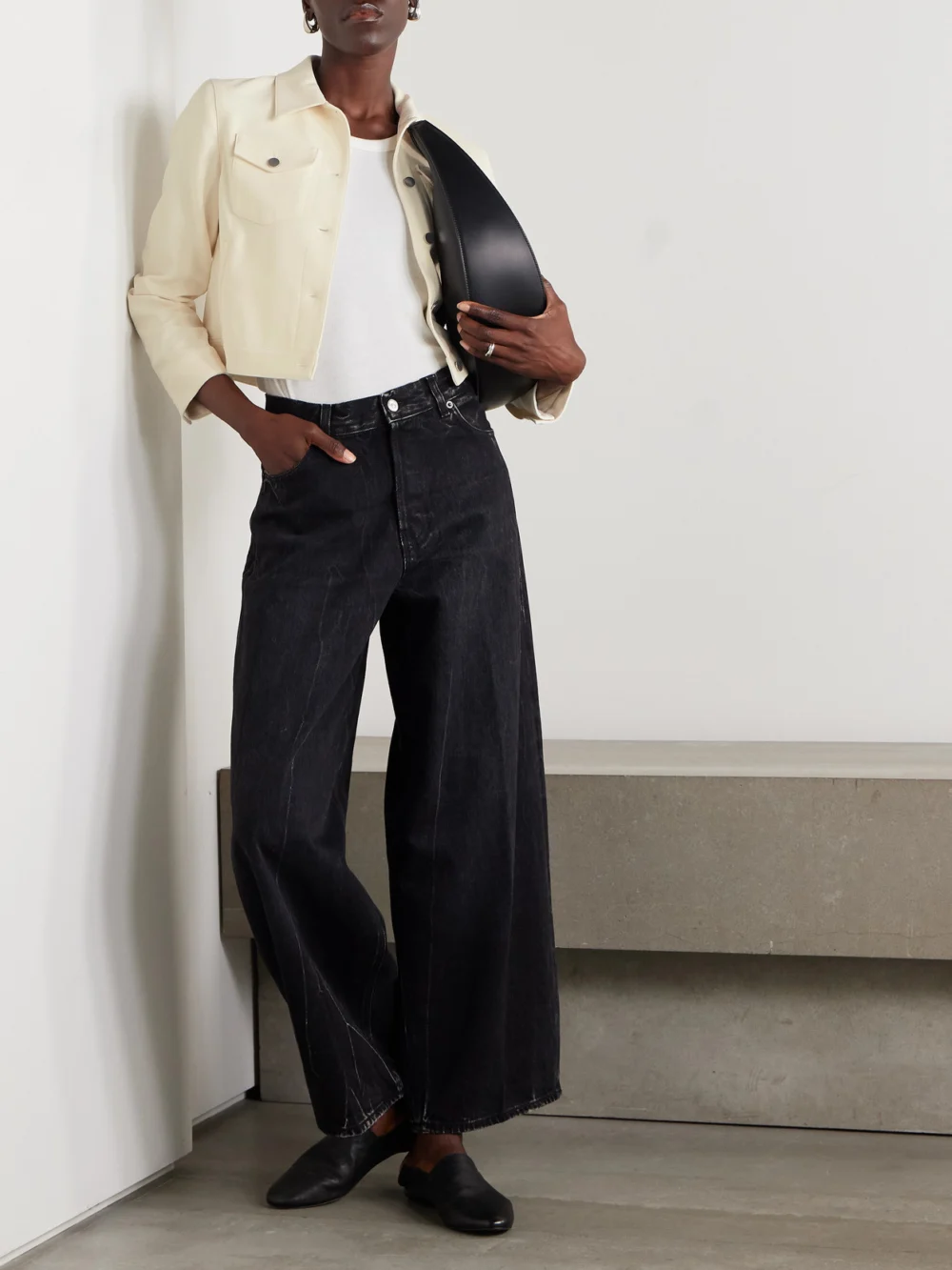 Theory Shrunken Trucker Cropped Crepe Jacket, worn by a model