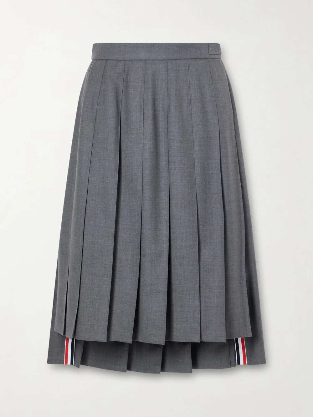 Thom Browne Asymmetric Grosgrain-trimmed Pleated Wool Midi Skirt in gray