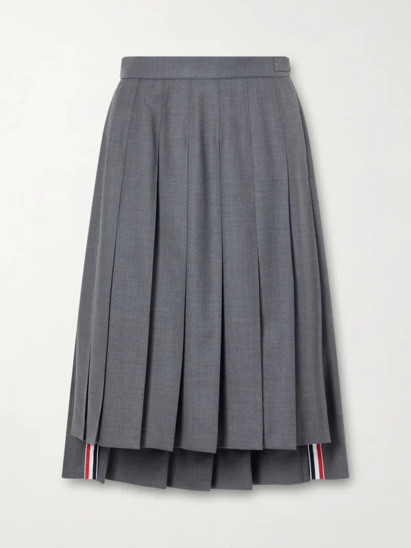 Thom Browne Asymmetric Grosgrain-trimmed Pleated Wool Midi Skirt