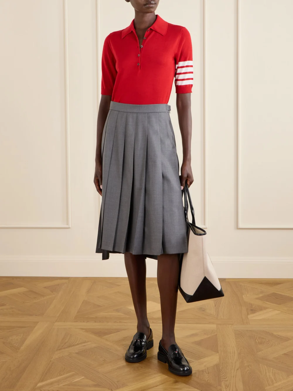 Thom Browne Asymmetric Grosgrain-trimmed Pleated Wool Midi Skirt, worn by a model