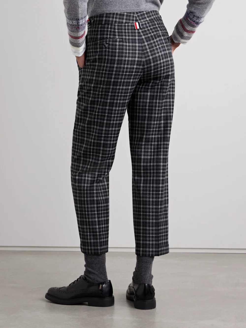 Back view of the Thom Browne Grosgrain-trimmed Tartan Wool-flannel Straight-leg Pants