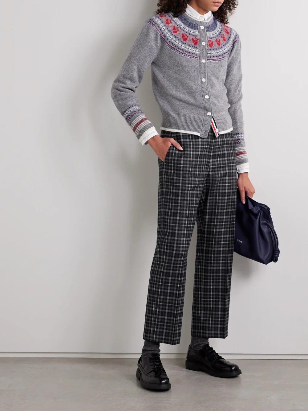 Thom Browne Grosgrain-trimmed Tartan Wool-flannel Straight-leg Pants, worn by a model