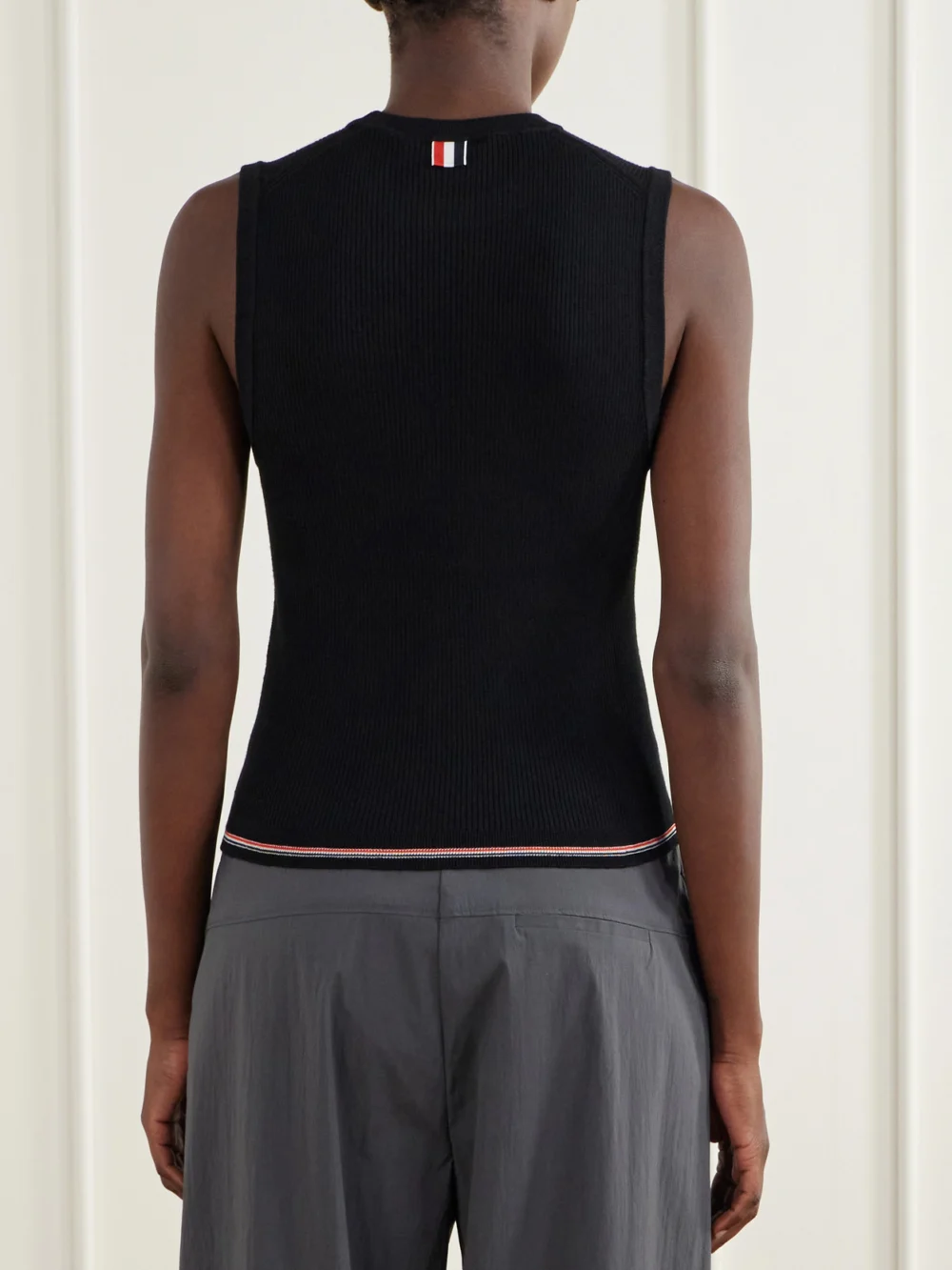 Back view of the Thom Browne Ribbed Merino Wool Tank