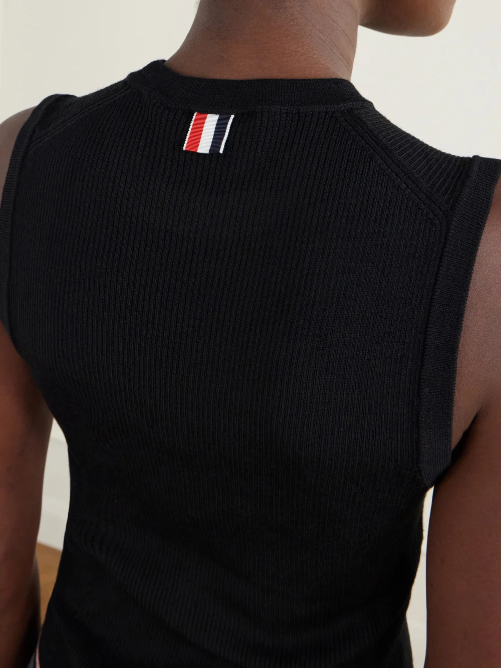 Close-up detail of the Thom Browne Ribbed Merino Wool Tank