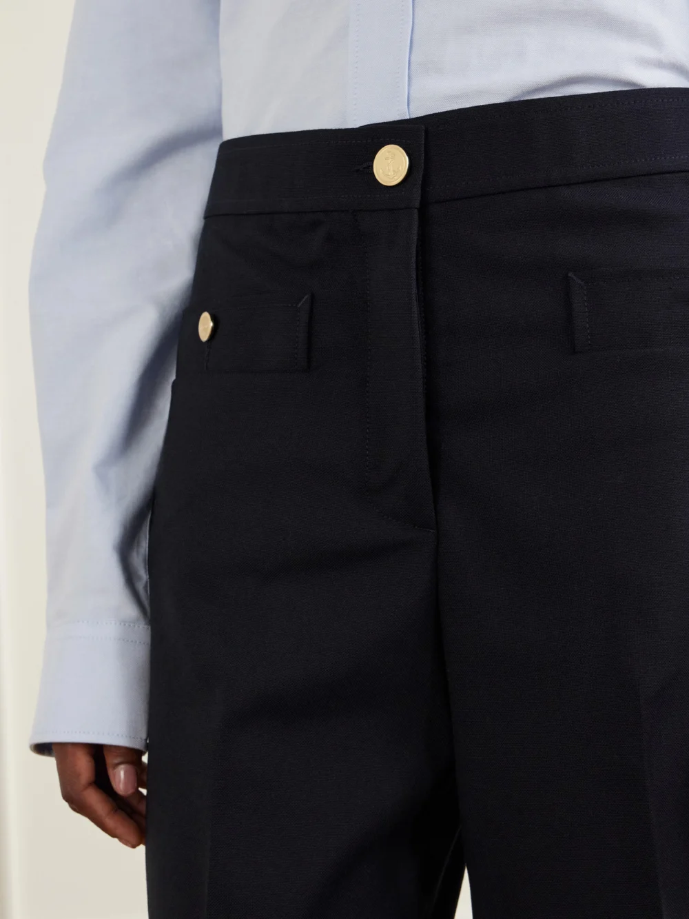 Close-up detail of the Thom Browne Virgin Wool-twill Straight-leg Cropped Pants