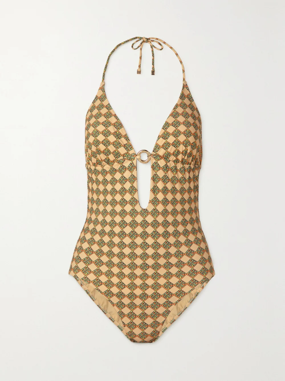 Tory Burch Embellished Printed Halterneck Swimsuit in lime green