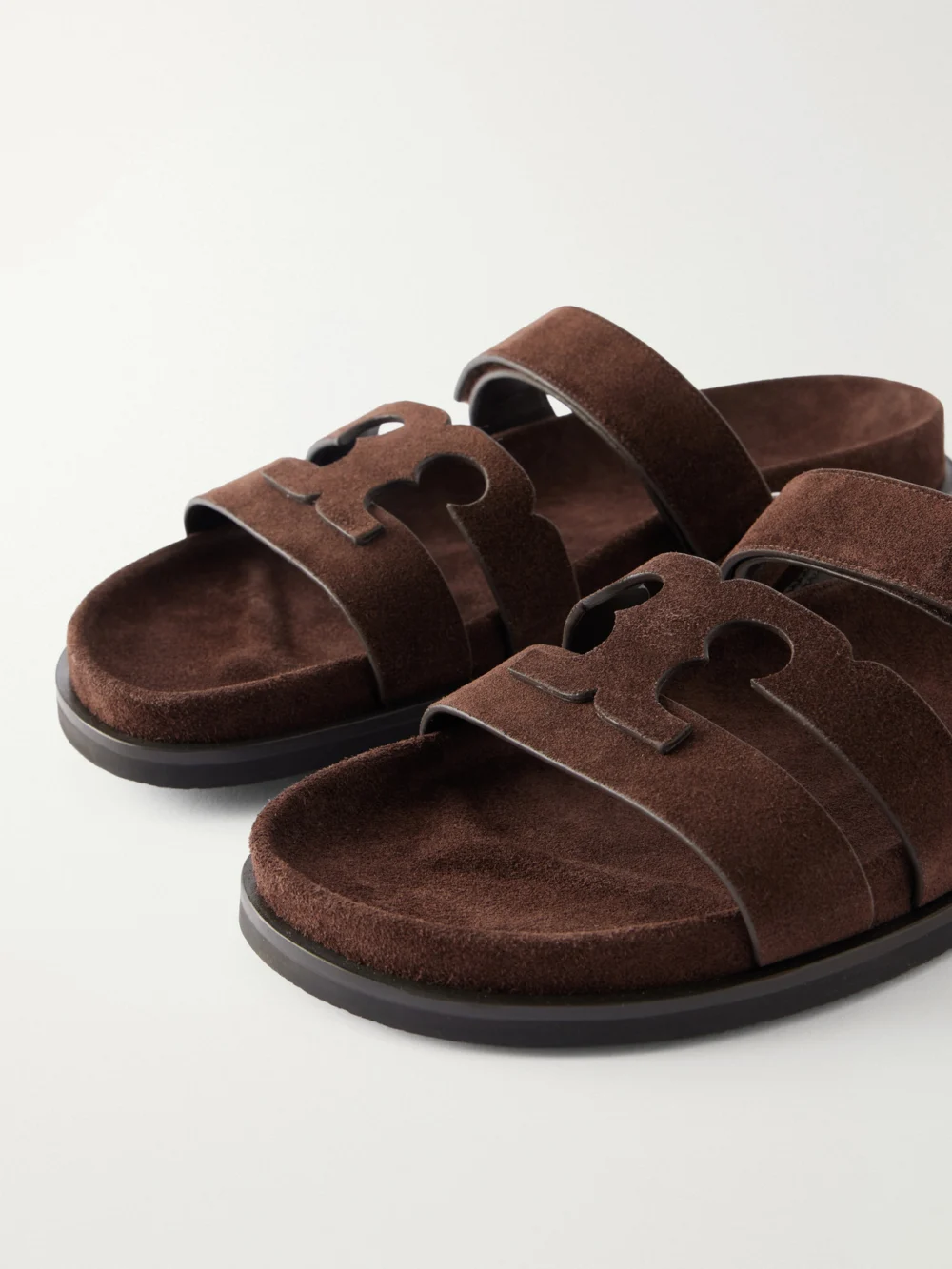 Close-up detail of the Tory Burch Ines Suede Slides