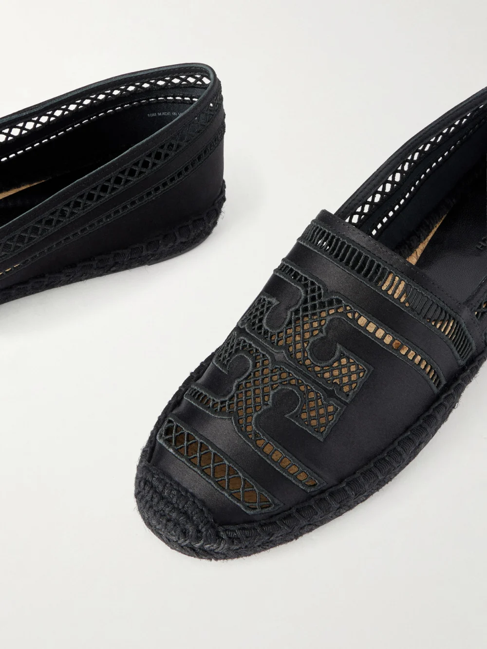 Close-up detail of the Tory Burch Open Weave Embroidered Satin Espadrilles