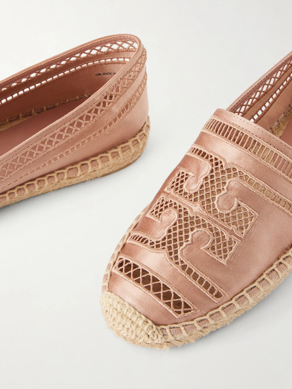 Close-up detail of the Tory Burch Open Weave Embroidered Satin Espadrilles
