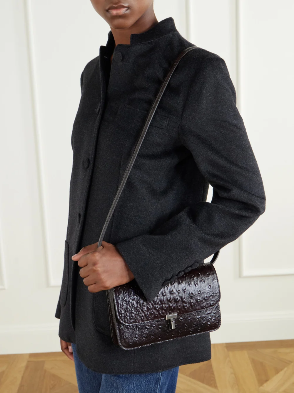 Totême T-lock Ostrich-effect Leather Shoulder Bag, styled view