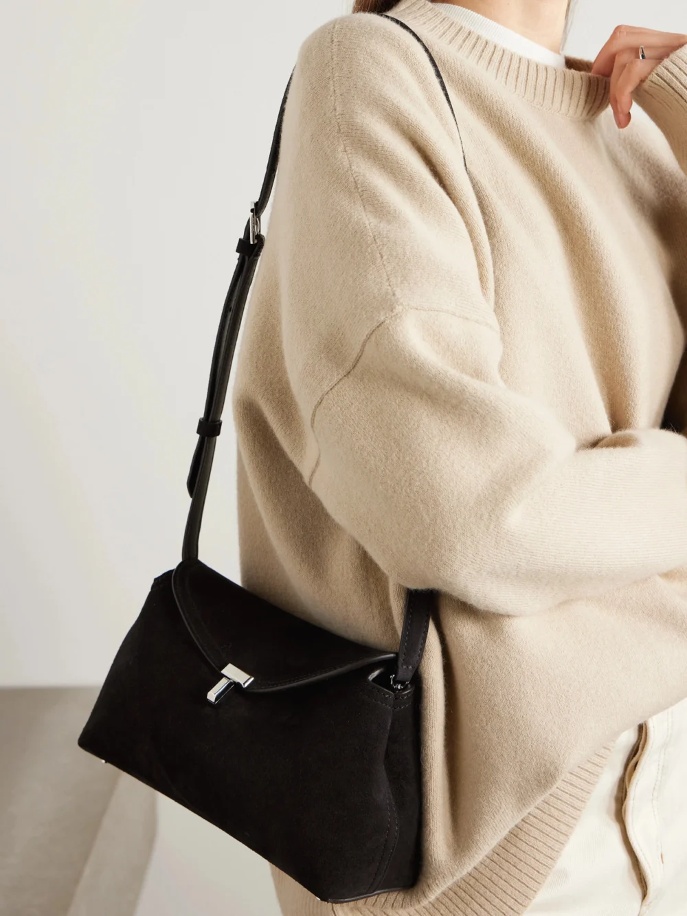 Totême T-lock Suede Clutch, styled view