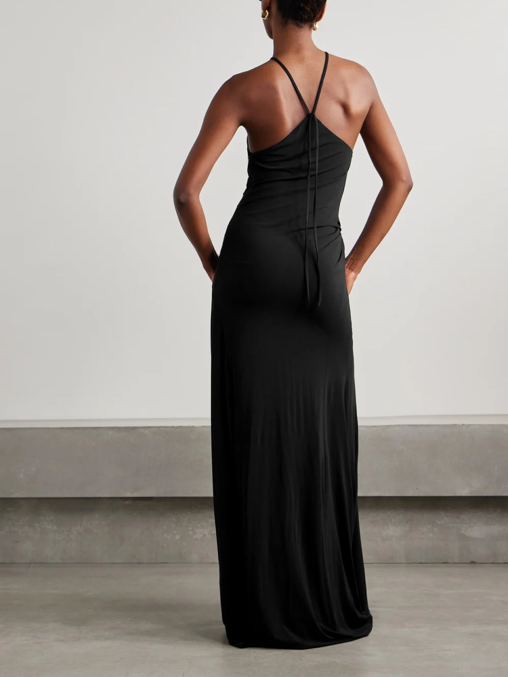 Back view of the Tove Mika Embellished Stretch-knit Halterneck Maxi Dress