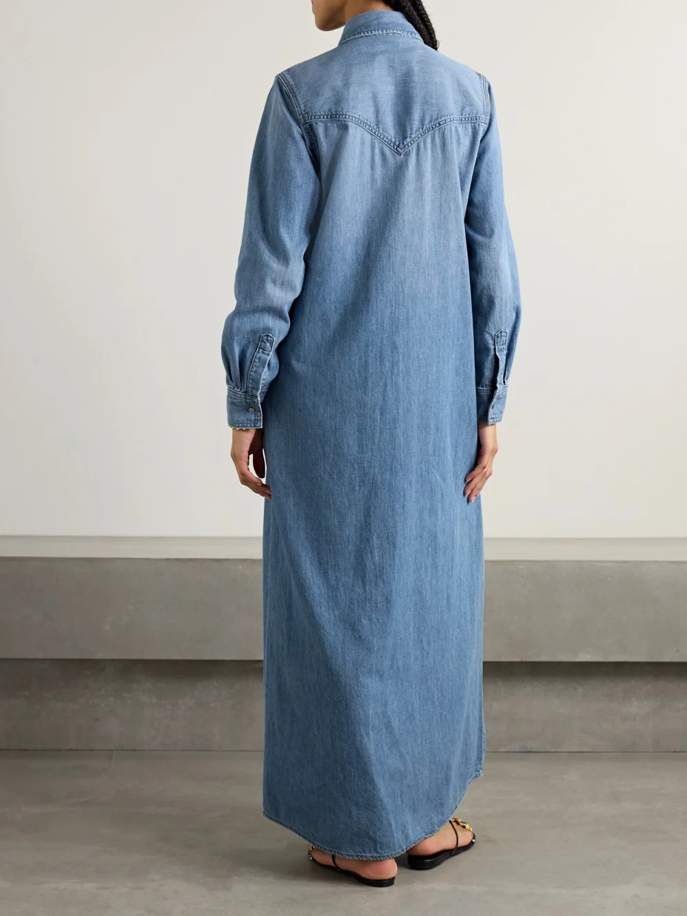 Back view of the Twp Cowboy Cotton-chambray Maxi Shirt Dress