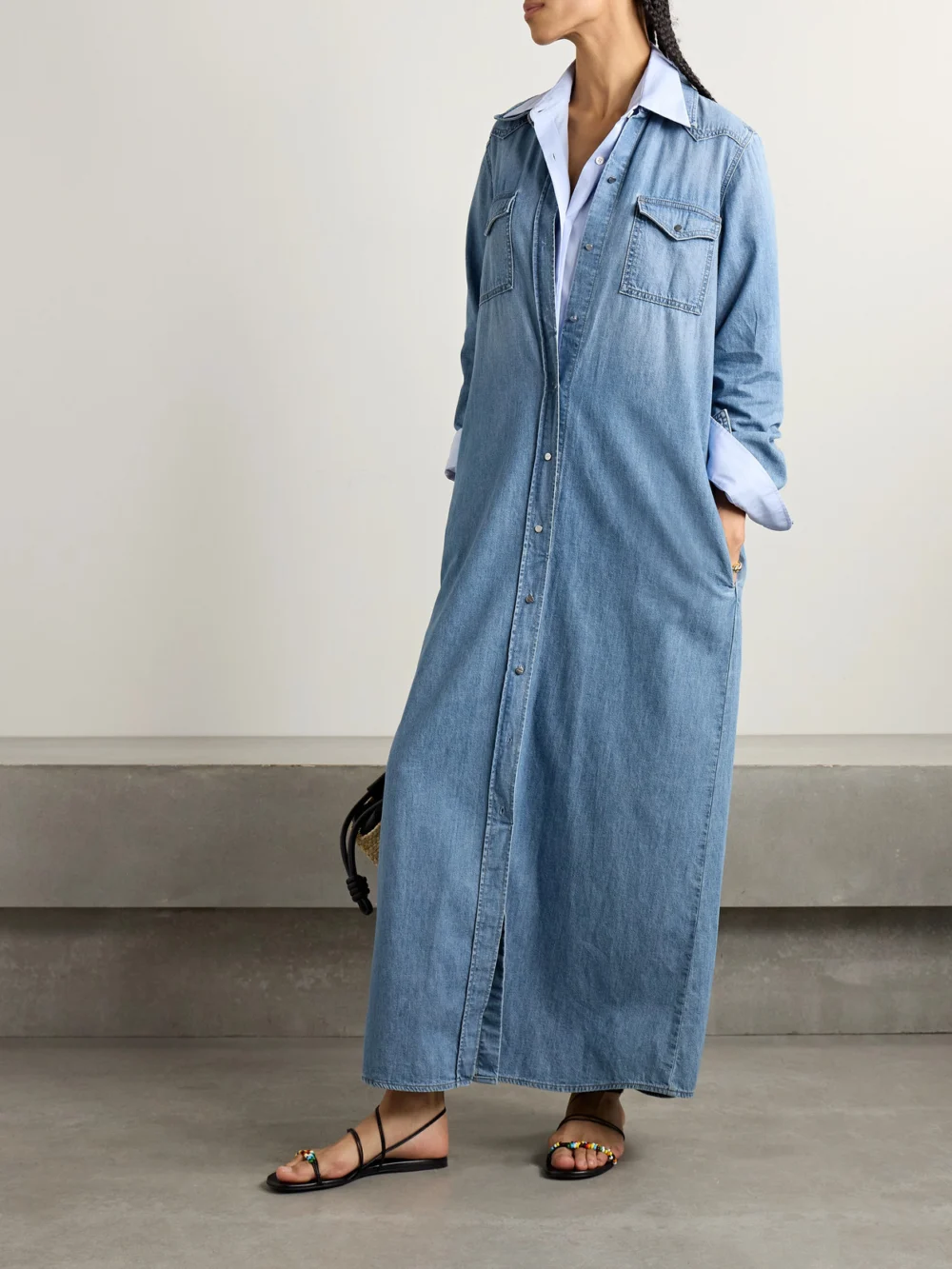 Twp Cowboy Cotton-chambray Maxi Shirt Dress, worn by a model
