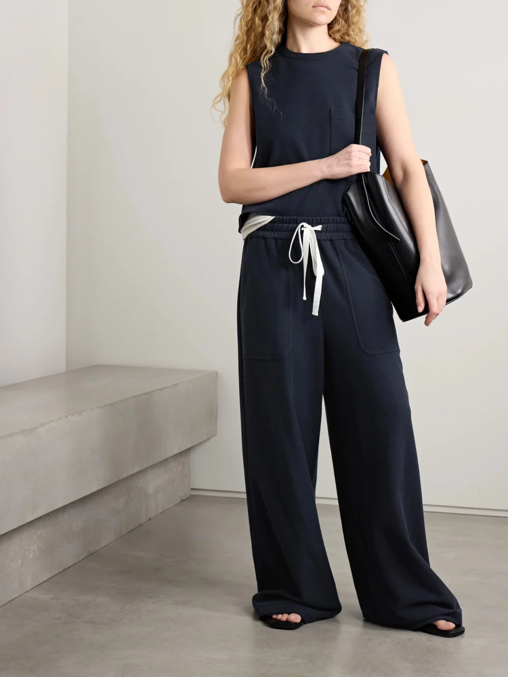 Twp Cropped French Wool-blend Terry Tank, worn by a model