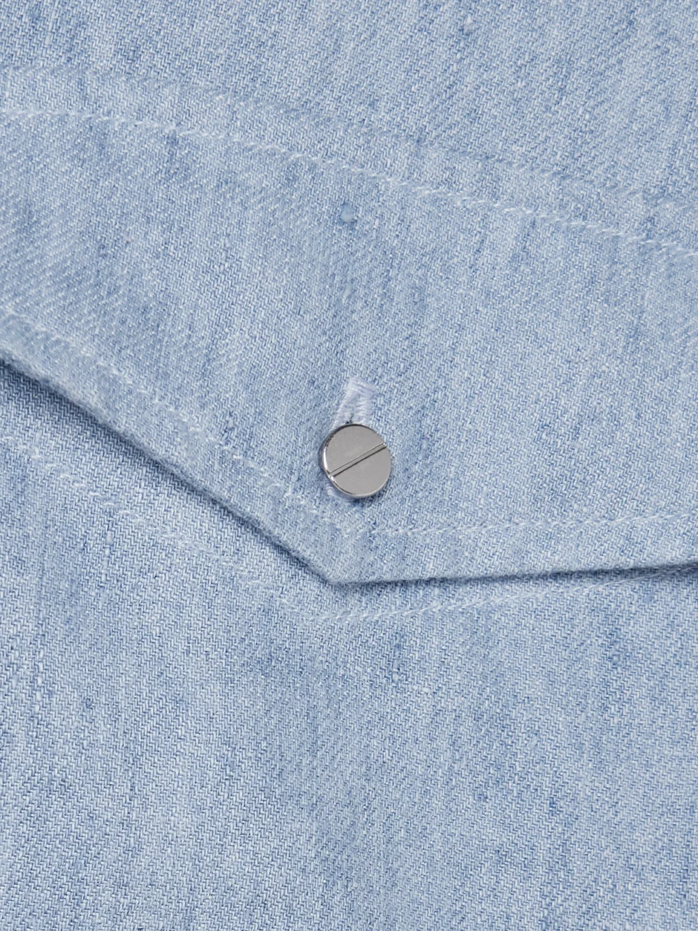 Close-up detail of the Twp New Carter Hemp Denim Shirt