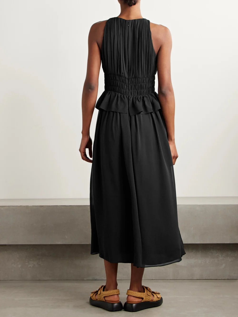 Back view of the Ulla Johnson Adeline Shirred Silk Crepe De Chine Peplum Midi Dress
